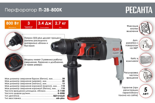 Перфоратор Ресанта П-28-800К (800Вт,3,4Дж,5200уд/мин,3реж,реверс,SDS+,кейс) фото 2