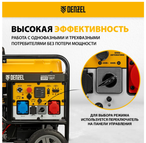 Генератор бенз. Denzel PS-120EAD-3 (11/12кВт, 220/380В, 40л/1,5л, разъем ATS, перекл. режимов, USB) фото 6