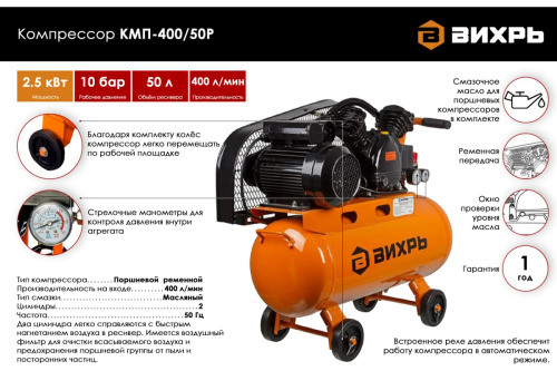 Компрессор Вихрь КМП-400/50Р (50/400л/мин, 2,5кВт, 230В, 10 бар, ременной) фото 2