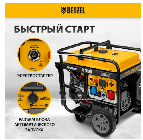 Генератор бенз. Denzel PS-120EAD-3 (11/12кВт, 220/380В, 40л/1,5л, разъем ATS, перекл. режимов, USB) фото 3
