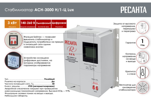 Стабилизатор напр. Ресанта АСН-3000 Н/1-Ц Lux (настенный) фото 3