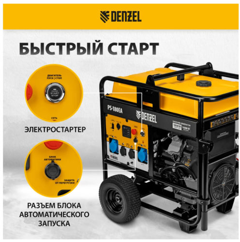 Генератор бенз. Denzel PS-180EA  (16/18кВт, 220В, 65/2,2л, разъем ATS, 276кг, эл.старт, колеса) фото 3