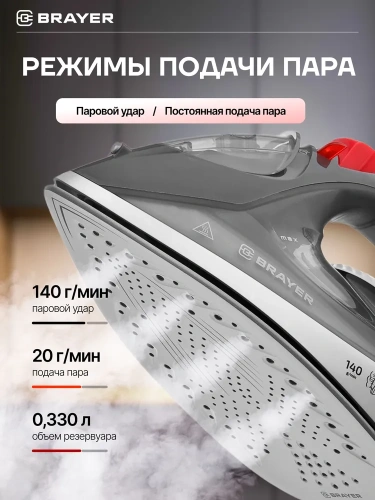 Утюг BRAYER BR-4011 2400Вт, керам.подошва, самоочист. антикапля, верт.отпар.автоотключ. фото 10
